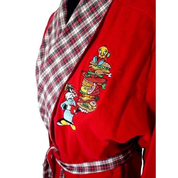 Vintage Warner Bros 1995 Sylvester & Tweety Red Plaid Robe M/L Embroidered Midni - Picture 7 of 9